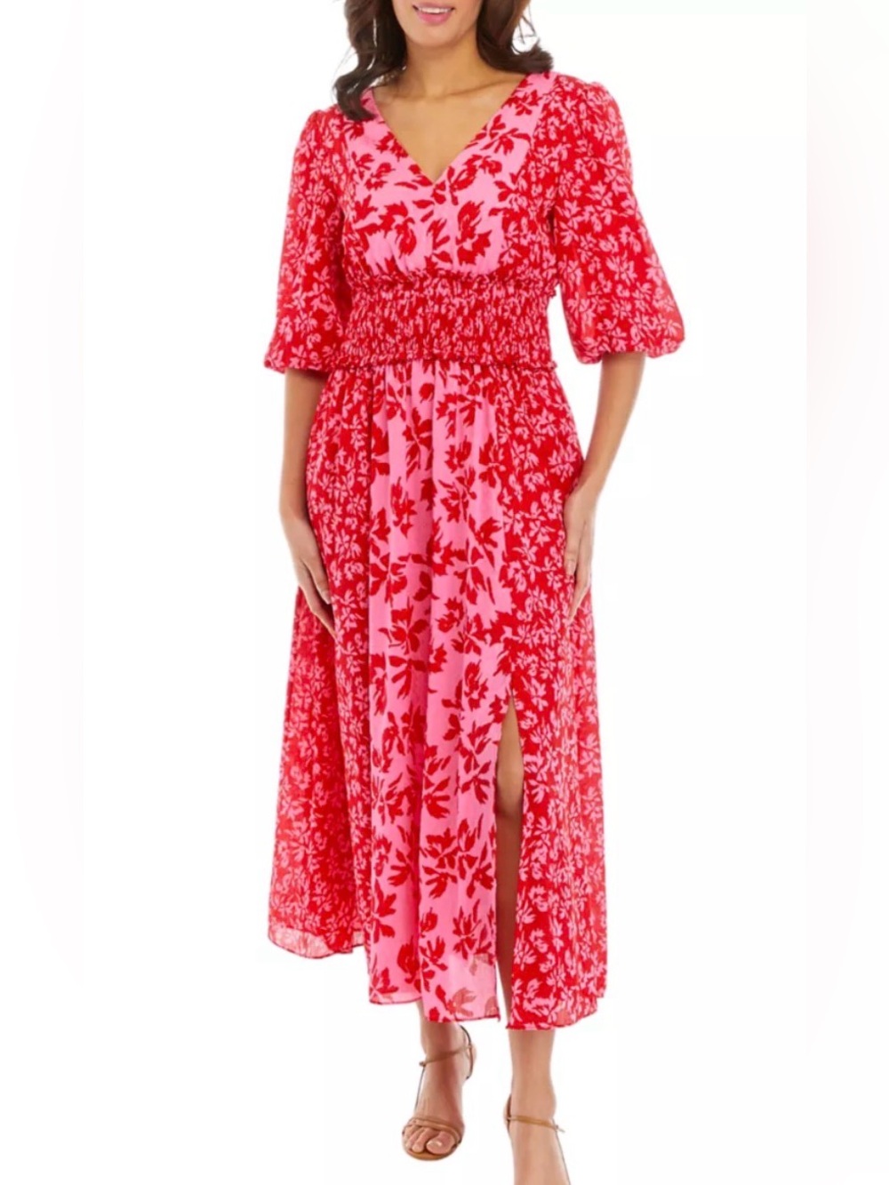 Taylor Pink and Red Floral Maxi Dress with Smocked Waist